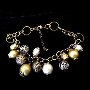 Statement necklace-antiqued silver & gold balls